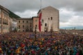 The famous festa dei ceri with many people in the historic center of Gubbio medieval village, Umbria