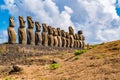 The famous fifteen Moai at Ahu Tongariki on Rapa Nui or Easter Island Royalty Free Stock Photo