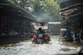 Famous Floating Market in Thailand, Local People and Tourists Visiting by Boat Royalty Free Stock Photo