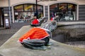 Famous frog in lÃâ¢bork poland in a hand-knitted red cape for Christmas close-up