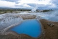 The famous geysir/Strokur with water burst,in Haukadalur valley near Reykjavik in Iceland during bluehour with four people infront