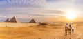 Famous Giza Pyramids in the desert, beautiful scenery with bedouins and camels, Cairo, Egypt Royalty Free Stock Photo