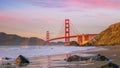 Famous Golden Gate Bridge Seen From Baker Beach In Beautiful Golden Evening Light