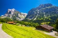 Famous Grindelwald valley, green forest, Alps chalets in Berner Oberland, Switzerland