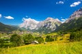 Famous Grindelwald valley, green forest, Alps chalets and Swiss Alps, Switzerland