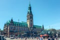 Famous Hamburg town hall with blue sky at market square near lake Alster Binnenalster in Altstadt quarter, Hamburg