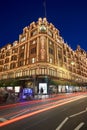 The famous Harrods department store at night in London