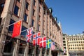 The famous Haymarket hotel in the centre of Stockholm, Sweden at Hotorget street with a lot of countries flags