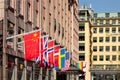 The famous Haymarket hotel in the centre of Stockholm, Sweden at Hotorget street with a lot of countries flags