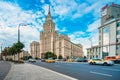 Famous high-rise building in Moscow, panorama of a busy city with taxis