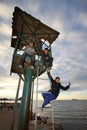 In the famous holiday resort Bodrum, during the winter season, children play at the lifeguard tower. Royalty Free Stock Photo