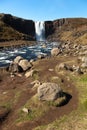 Famous Iceland waterfalls with a clean water on a stony rocky mountain landscape