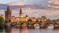 Famous iconic image of Charles bridge, Prague, Czech Republic. Concept of world travel, sightseeing and tourism Royalty Free Stock Photo