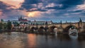 Famous iconic image of Prague castle and Charles Bridge, Prague, Czech Republic. Concept of world travel, sightseeing and tourism Royalty Free Stock Photo