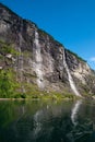 The famous and impressive Seven Sisters Dei sju systre  waterfall dropping 250 meters from a cliff in the Geiranger Fjord Royalty Free Stock Photo