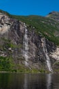 The famous and impressive Seven Sisters Dei sju systre  waterfall dropping 250 meters from a cliff in the Geiranger Fjord Royalty Free Stock Photo