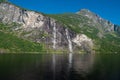 The famous and impressive Seven Sisters Dei sju systre  waterfall dropping 250 meters from a cliff in the Geiranger Fjord Royalty Free Stock Photo