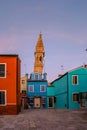 Famous island of Burano,Venice landmark,Italy.Most colorful place in world with leaning bell tower,canals,small houses.Tranquility