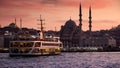 Famous Istanbul ferry boat going in Bosphorus at sunset against mosques and evening sky. 15th of March, 2023, Turkey, Istanbul
