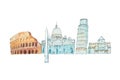 Famous Italian landmarks travel and tourism waercolor illustration.