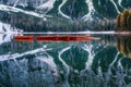 Famous italian mountain lake. Lago di Braies, Italy. autumn summer landscape Royalty Free Stock Photo