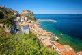 Coastline and old castle of medieval town of Scilla in Calabria, Italy. Famous Italian summer holiday destination Royalty Free Stock Photo