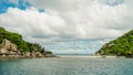 Scenic view tropical paradise with peaceful resort, rocky coastline, clear turquoise sea with coral reef against cloud sky. Koh Royalty Free Stock Photo