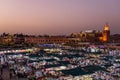 The famous Jamaa el Fna square in Marrakech, Morocco. Jemaa el-Fnaa, Djema el-Fna or Djemaa el-Fnaa is a famous square and market Royalty Free Stock Photo