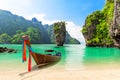 Travel photo of James Bond island with thai traditional wooden longtail boat and beautiful sand beach in Phang Nga bay, Thailand