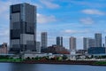 Famous Japanese buildings in Tokyo, Japan against a clouded sky