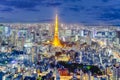 Famous Japanese Destinations. Amazing Night View of Picturesque Tokyo Skyline at Blue Hour in Japan with Tokyo Tower in Frame