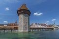 The famous Kapellbrucke Chapel Bridge wooden footbridge across the Reuss River in the city of Lucern, Switzerland