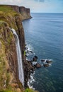 The famous Kilt rock with the Mealt falls at the Isle of Skye in the Highlands of Scotland Royalty Free Stock Photo