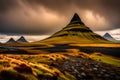 Famous Kirkjufell mountain in Iceland, Dramatic sky
