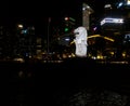 The Singapore merlion statue at night with buildings as background Royalty Free Stock Photo