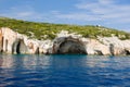 Famous landmark, tourist attraction. Blue Caves in Zakynthos island, Greece. Royalty Free Stock Photo