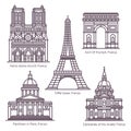 Set of line isolated French sightseeing landmarks