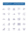 Famous landmarks line icons signs set. Design collection of Monument, Tower, Citadel, Palace, Ruins, Castle, Temple