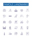 Famous landmarks line icons signs set. Design collection of Monument, Tower, Citadel, Palace, Ruins, Castle, Temple