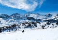 famous landscape of spanish pyrenees mountains called candanchu full of white snow in a winter day with a clear blue day with a Royalty Free Stock Photo