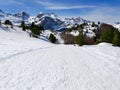 famous landscape of spanish pyrenees mountains called candanchu full of white snow in a winter day with a clear blue day with a Royalty Free Stock Photo