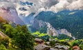 Famous Lauterbrunnen town and Staubbach waterfall, Bernese Oberland, Switzerland, Europe. Lauterbrunnen valley, Village of
