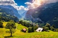 Famous Lauterbrunnen town and Staubbach waterfall, Bernese Oberland, Switzerland, Europe. Lauterbrunnen valley, Village of