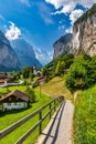 Famous Lauterbrunnen town and Staubbach waterfall, Bernese Oberland, Switzerland, Europe. Lauterbrunnen valley, Village of