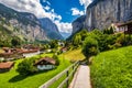 Famous Lauterbrunnen town and Staubbach waterfall, Bernese Oberland, Switzerland, Europe. Lauterbrunnen valley, Village of