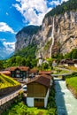 Famous Lauterbrunnen town and Staubbach waterfall, Bernese Oberland, Switzerland, Europe. Lauterbrunnen valley, Village of