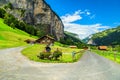 Famous Lauterbrunnen town and Staubbach waterfall, Bernese Oberland, Switzerland, Europe Royalty Free Stock Photo