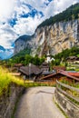 Famous Lauterbrunnen town and Staubbach waterfall, Bernese Oberland, Switzerland, Europe. Lauterbrunnen valley, Village of