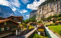 Famous Lauterbrunnen town and Staubbach waterfall, Bernese Oberland, Switzerland, Europe. Lauterbrunnen valley, Village of