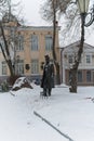 Vitebsk, Belarus, January 5, 2023. Winter view of a life-size statue of the local giant Makhno.